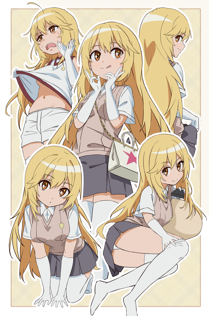 1girl :q absurdres aged_down all_fours ass blonde_hair border breasts brown_eyes brown_sweater_vest collared_shirt controller double_v elbow_gloves emblem gloves grey_skirt gym_shirt gym_shorts gym_uniform highres holding holding_remote_control long_hair looking_at_viewer medium_breasts miniskirt multiple_views no_print panties pension_z pleated_skirt remote_control school_emblem school_uniform shirt shokuhou_misaki short_sleeves shorts simple_background skirt smile sparkling_eyes summer_uniform sweater_vest thighhighs toaru_kagaku_no_mental_out toaru_kagaku_no_railgun toaru_majutsu_no_index tokiwadai_school_gym_uniform tokiwadai_school_uniform tongue tongue_out underwear v white_border white_gloves white_panties white_shirt white_thighhighs yellow_background zettai_ryouiki