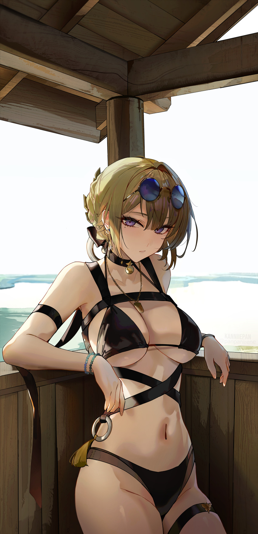 1girl absurdres alternate_costume arm_strap bare_shoulders bikini black_bikini black_choker blonde_hair bracelet breasts choker closed_mouth commentary english_commentary evelyn_chevalier eyewear_on_head hair_up highres incredibly_absurdres jewelry kanniiepan large_breasts long_ribbon looking_at_viewer mole mole_under_eye navel necklace outdoors purple_eyes ring_hair_ornament round_eyewear solo stomach sunglasses swimsuit thigh_strap thighs underboob water zenless_zone_zero