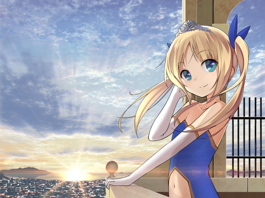 1girl adjusting_hair aqua_eyes blonde_hair cloud elbow_gloves female_focus gloves hair_ribbon leila-sama_to_nana_tsuno_hougokyu light_smile long_hair navel ninnzinn official_art ribbon sky solo sun sunrise tiara twintails white_gloves