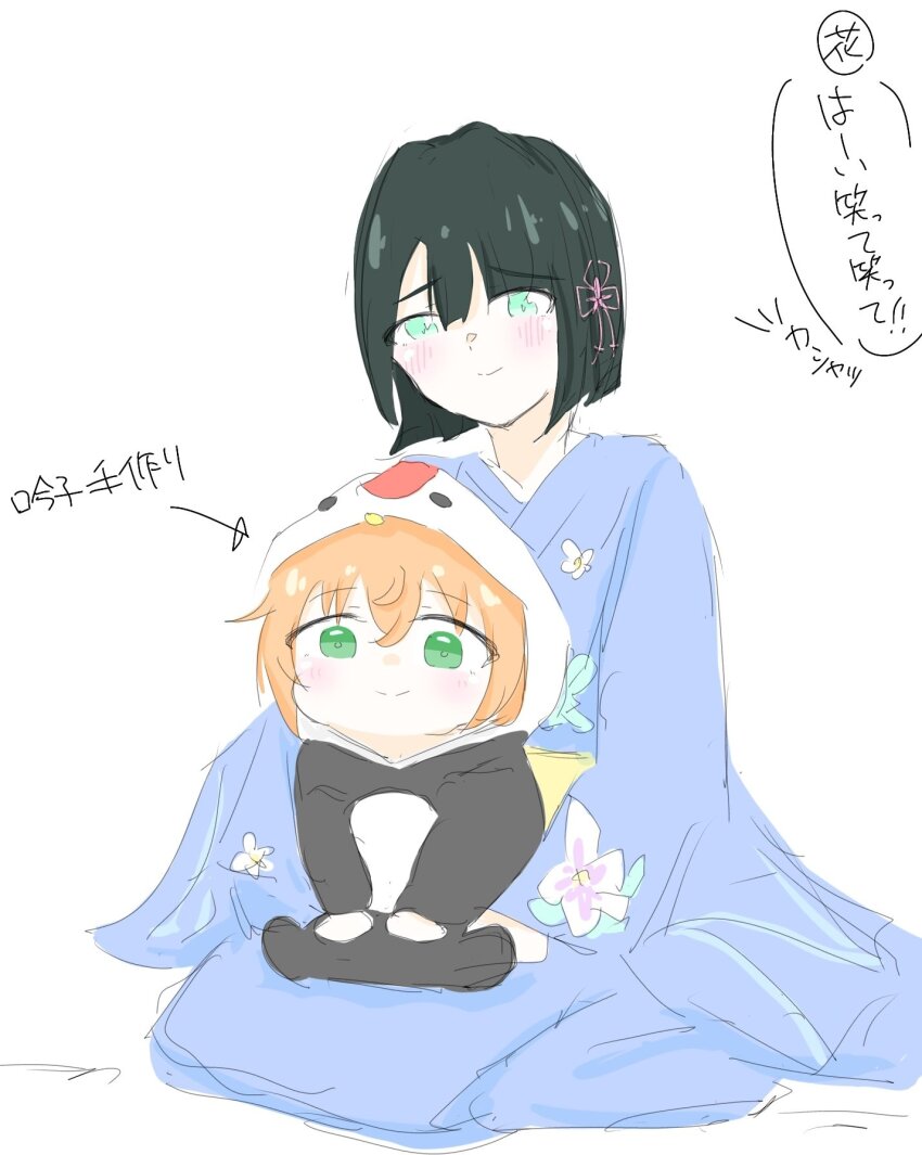 2girls arrow_(symbol) bird_costume black_hair blunt_bangs blunt_ends blush child closed_mouth commentary_request flower flower_knot green_eyes hair_flower hair_ornament highres if_they_mated initial ips_cells link!_like!_love_live! looking_at_another love_live! momose_ginko momose_ginko_(summer_casual) multiple_girls orange_hair otomune_hinata_(soora0202) short_hair simple_background sitting sitting_on_lap sitting_on_person smile soora0202 speech_bubble split_mouth taking_picture translation_request tsuru_(love_live!) virtual_youtuber white_background
