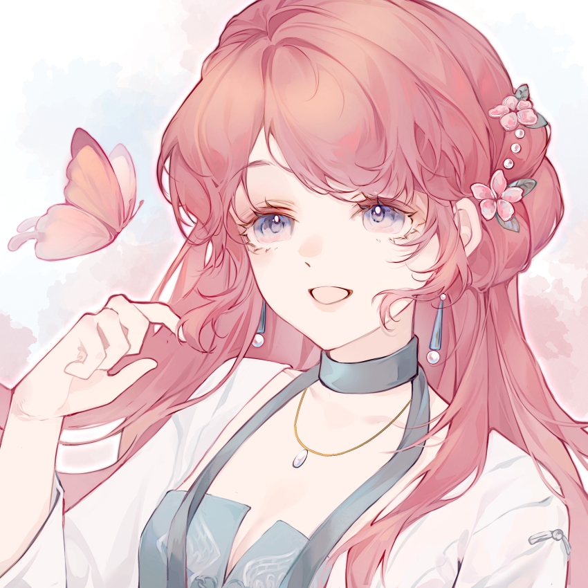 1girl beads blue_eyes blue_hanfu blue_sky bow-shaped_hair breasts bug butterfly cherry_blossoms chinese_clothes cleavage collarbone day earrings endless_longing_(infinity_nikki) eyelashes flower gradient_eyes hair_beads hair_bun hair_flower hair_ornament hand_up hanfu happy highres hou_mianbao_gou infinity_nikki insect jewelry leaf lips long_hair long_sleeves looking_at_animal multicolored_eyes necklace nikki_(series) open_mouth outdoors outline pink_butterfly pink_flower pink_hair pink_lips sidelocks single_side_bun sky smile solo spring_(season) tree upper_body very_long_hair white_outline white_sleeves