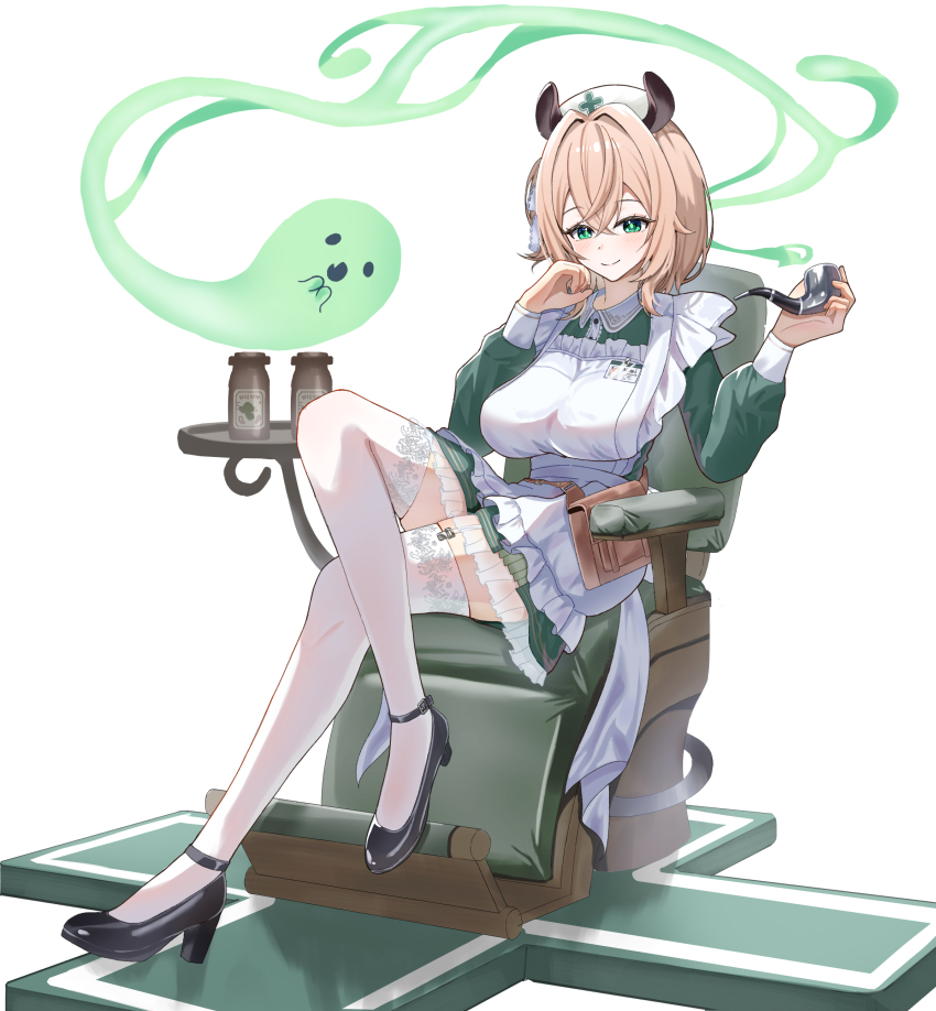 1girl absurdres animal_ears apron blonde_hair crossed_legs dress green_dress green_eyes hat high_heels highres holding holding_smoking_pipe indie_virtual_youtuber name_tag naplings_(nimi_nightmare) nimi_nightmare nurse nurse_cap one_side_up satoti_chang sitting smoking_pipe solo tapir_ears tapir_girl thighhighs virtual_youtuber white_apron white_background white_thighhighs