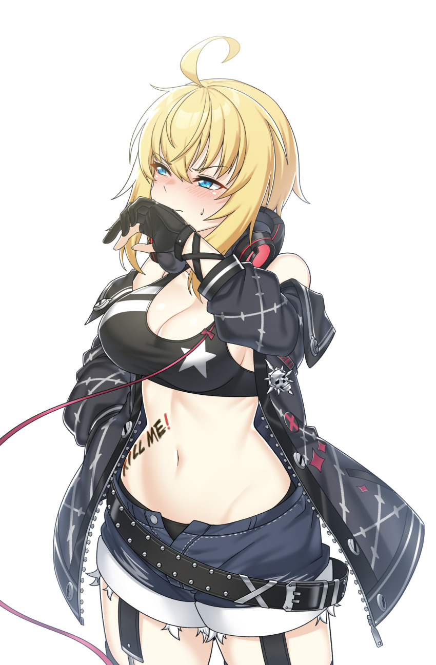 1girl ahoge amy_strickland bare_shoulders belt blacha_(dkskek157) black_belt black_gloves black_jacket black_sports_bra blonde_hair blush body_writing breasts cleavage counter:side covering_own_mouth cowboy_shot embarrassed garter_straps gloves hair_between_eyes hand_in_pocket hand_on_own_face headphones headphones_around_neck highres jacket large_breasts long_sleeves looking_away looking_to_the_side loose_belt lowleg lowleg_shorts navel off_shoulder open_clothes open_fly open_jacket partially_fingerless_gloves short_hair short_shorts shorts sidelocks skull_ornament solo spoilers sports_bra star_(symbol) sweatdrop thigh_strap v-shaped_eyebrows white_background zipper_pull_tab
