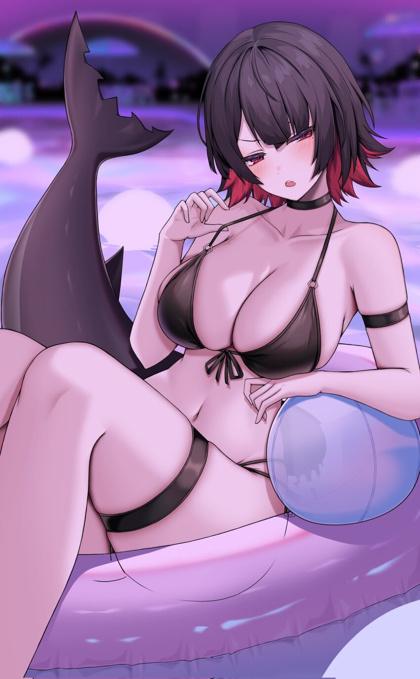 1girl arm_strap ball beachball bikini black_bikini black_choker black_hair breasts choker cleavage collarbone colored_inner_hair ellen_joe feet_out_of_frame fins fish_tail front-tie_bikini_top front-tie_top half-closed_eyes halterneck highres innertube kushinaka large_breasts looking_at_viewer mole mole_under_eye multi-strapped_bikini_bottom multicolored_hair navel on_innertube open_mouth red_eyes red_hair shark_girl shark_tail sharp_teeth short_hair side-tie_bikini_bottom skindentation solo stomach strap_pull string_bikini swim_ring swimsuit tail teeth thigh_strap zenless_zone_zero