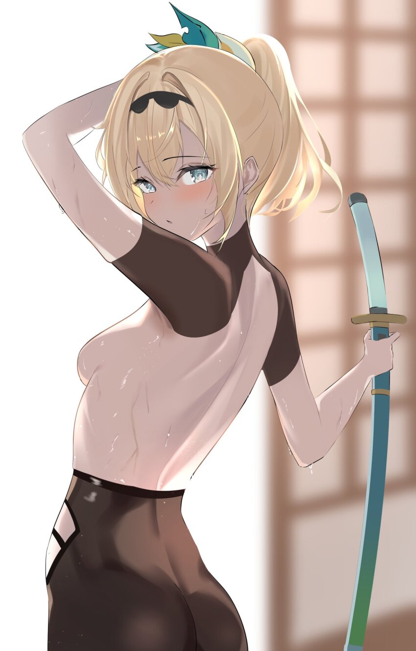 1girl aqua_eyes arm_up back bare_back blonde_hair blurry blurry_background blush breasts commentary_request from_behind hair_between_eyes hair_ornament highres holding holding_sword holding_weapon hololive katana kazama_iroha kinkikids753 leaf_hair_ornament long_hair looking_at_viewer looking_back ponytail shouji sidelocks sliding_doors small_breasts solo sweat sword topless_female virtual_youtuber weapon
