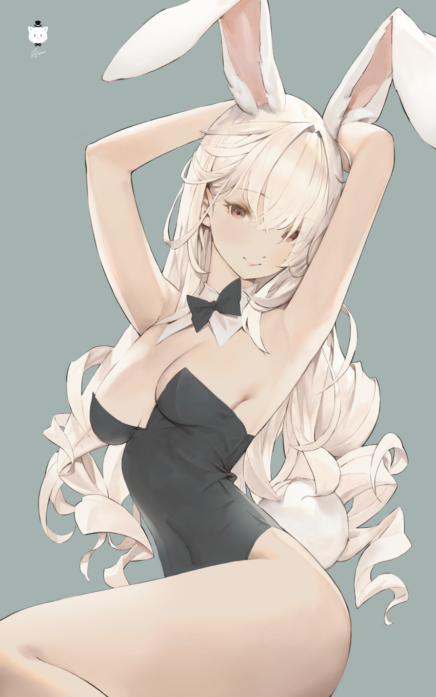 1girl absurdres animal_ears arms_behind_head arms_up artist_logo black_bow black_bowtie black_leotard bow bowtie breasts brown_hair cleavage closed_mouth collar commentary cowboy_shot dated_commentary detached_collar english_commentary green_background hair_between_eyes highres jung_wonjo leotard logo long_hair looking_at_viewer medium_breasts original playboy_bunny rabbit_ears rabbit_tail signature simple_background smile solo tail white_collar white_hair