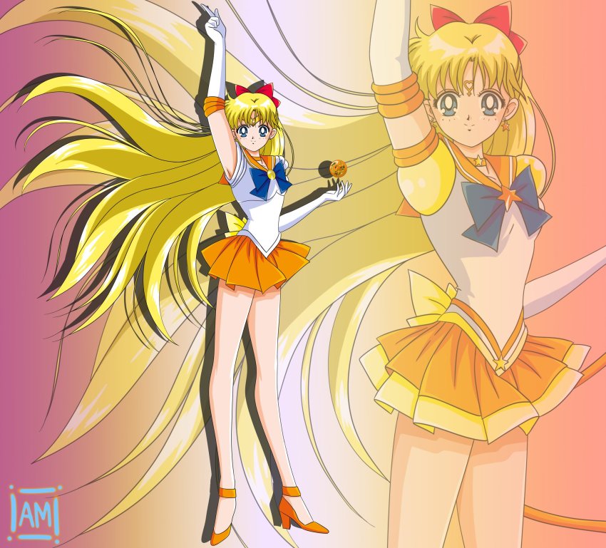 1girl aino_minako anello81 bishoujo_senshi_sailor_moon blonde_hair blue_eyes bow earrings gloves high_heels highres jewelry long_hair magical_girl miniskirt red_bow sailor_venus short_sleeves skirt super_sailor_venus_(stars) very_long_hair