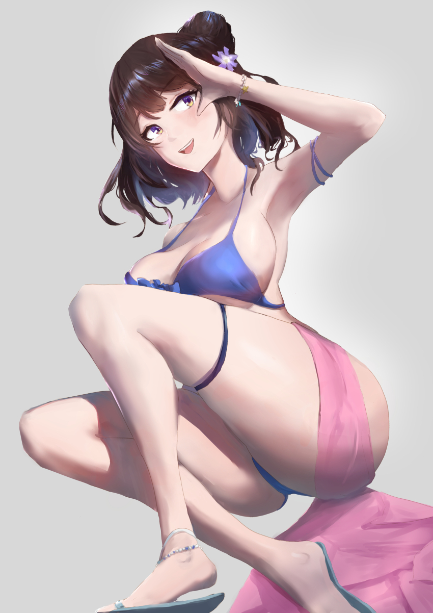 1girl absurdres armpits ass bikini black_hair blue_bikini blush bonrdgg bracelet breasts brown_dust_(series) brown_dust_2 brown_eyes cleavage covering_face eyebrows_hidden_by_hair flower grey_background hair_flower hair_ornament highres jewelry large_breasts looking_to_the_side open_mouth sandals scheherazade_(brown_dust) scheherazade_(pool_party)_(brown_dust) short_hair sideboob simple_background smile solo swimsuit teeth upper_teeth_only