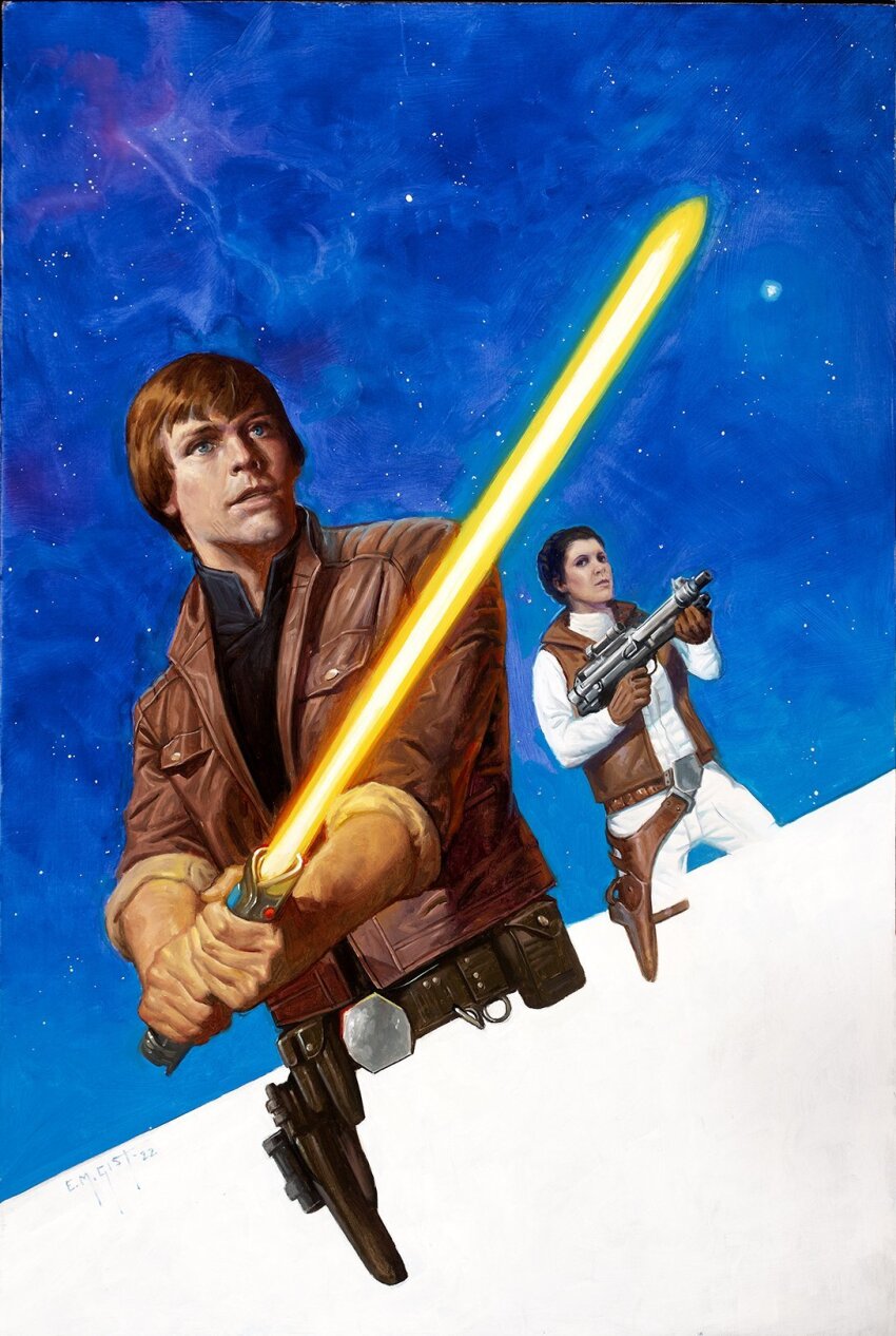 1boy 1girl belt brother_and_sister brown_belt brown_gloves brown_hair brown_jacket brown_vest energy_sword erik_gist gloves gun highres holding holding_gun holding_sword holding_weapon holster jacket lightsaber luke_skywalker open_clothes open_vest pants princess_leia short_hair siblings star_wars sword thigh_holster vest weapon white_jacket white_pants yellow_lightsaber