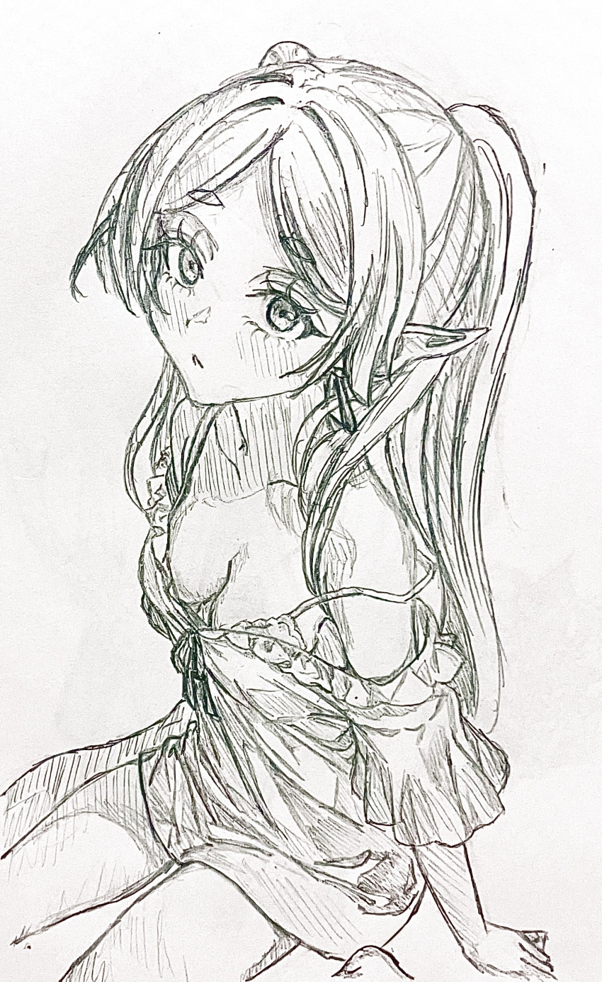 1girl absurdres alternate_costume blush bow bra breasts collarbone commentary_request earrings eyelashes frieren from_above greyscale highres jewelry kaatan long_hair looking_at_viewer looking_up medium_breasts monochrome off-shoulder_shirt off_shoulder parted_lips shirt shirt_bow short_sleeves sidelocks sitting solo sousou_no_frieren strap_slip teardrop_earrings traditional_media twintails underwear wariza