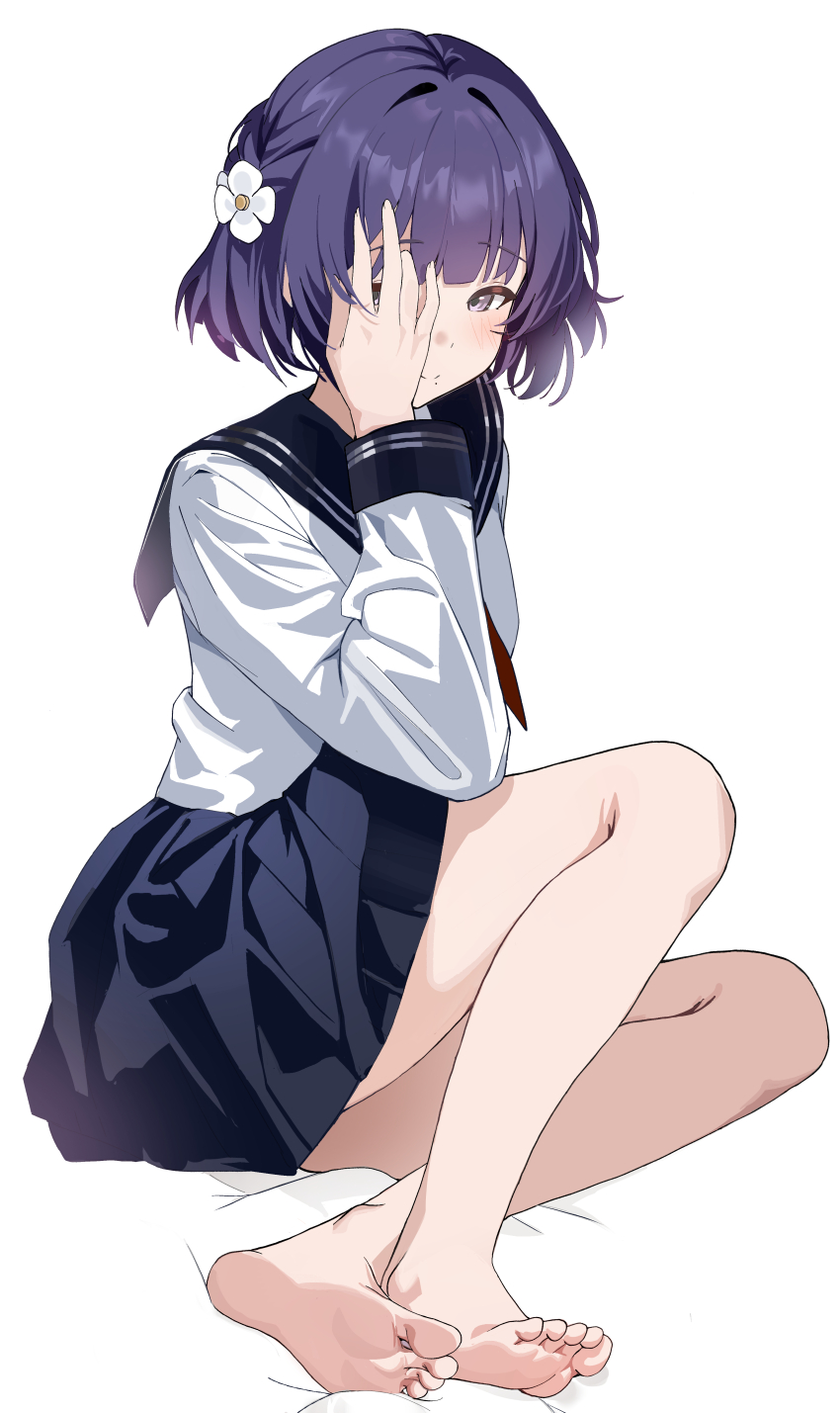 1girl absurdres aweqdre barefoot black_sailor_collar black_skirt blunt_bangs blush braid breasts closed_mouth commentary_request flower from_side full_body gakuen_idolmaster hair_flower hair_ornament hand_over_eye hand_up hataya_misuzu highres idolmaster long_sleeves looking_at_viewer looking_to_the_side mole mole_under_mouth neckerchief peeking_through_fingers pleated_skirt purple_eyes purple_hair red_neckerchief sailor_collar school_uniform serafuku shirt short_hair side_braid simple_background sitting skirt small_breasts smile soles white_background white_flower white_shirt