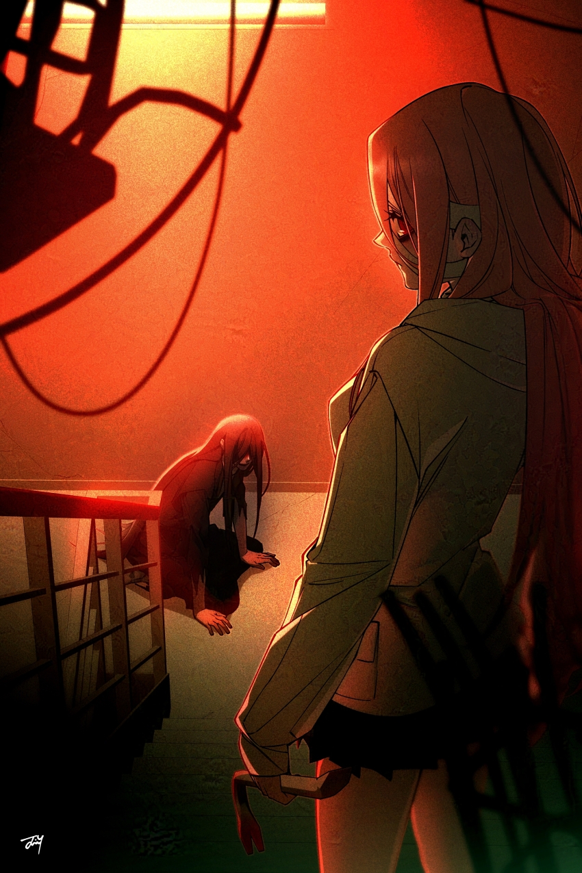 1boy 1girl absurdres bandaged_head bandages bbabbamis2 commentary_request crowbar heroine_(homicipher) highres holding holding_crowbar homicipher indoors japanese_clothes kimono korean_commentary long_hair looking_at_viewer looking_back mr._crawling orange_hair red_eyes skirt sweater very_long_hair