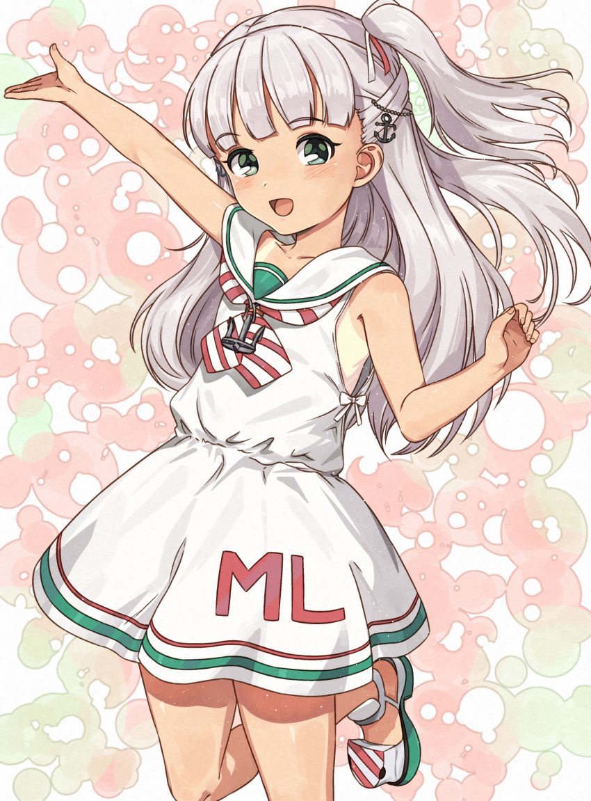 1girl anchor_hair_ornament anchor_necklace blush cowboy_shot dress gradient_background green_eyes grey_hair hair_ornament hair_ribbon highres jewelry kanmiya_shinobu kantai_collection long_hair looking_at_viewer maestrale_(kancolle) necklace one_side_up open_mouth pink_background ribbon sailor_dress sleeveless sleeveless_dress smile solo standing standing_on_one_leg white_dress white_ribbon