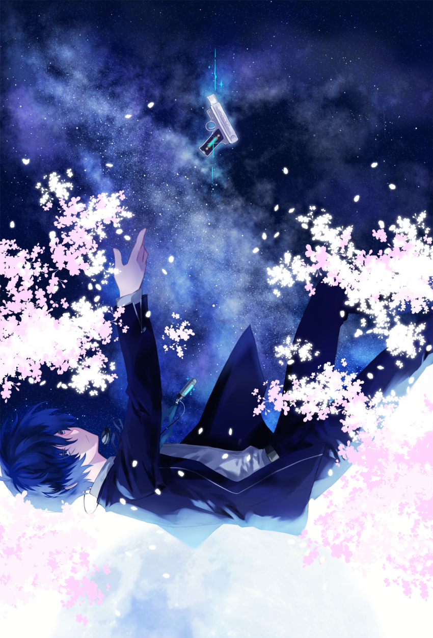 1boy black_jacket black_pants blazer blue_hair blue_sky cherry_blossoms covered_eyes digital_media_player dress_shirt evoker facing_to_the_side falling falling_petals gun hair_over_eyes highres jacket lanyard looking_up male_focus midair open_clothes open_hand open_jacket open_mouth pants persona persona_3 petals school_uniform shirt sky space star_(sky) tsukitaka two-tone_background weapon white_shirt yuuki_makoto_(persona_3)