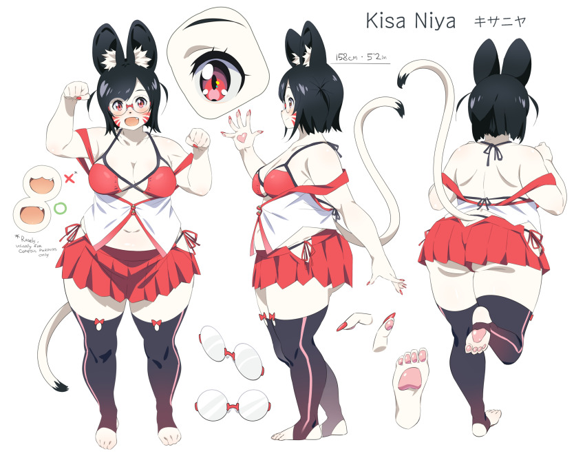 1girl :3 absurdres animal_ear_fluff animal_ears asterisk_(symbol) bikini black_ears black_hair blush breasts character_name cleavage clenched_hands close-up closed_mouth commentary dot_nose english_commentary fang from_behind from_side full_body glasses head_tilt height highres indie_virtual_youtuber kisa_niya large_breasts looking_at_viewer marking_on_cheek medium_hair multiple_views navel no_shoes open_hands open_mouth paw_pose pawpads pleated_skirt plump red-framed_eyewear red_bikini red_eyes red_nails red_skirt reference_sheet rimless_eyewear simple_background skirt standing standing_on_one_leg stirrup_legwear straight-on swimsuit tail tareme thick_arms thick_thighs thighhighs thighs toeless_legwear tomatomagica variant_set virtual_youtuber white_background white_tail x zettai_ryouiki