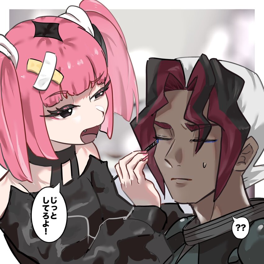 1boy 1girl applying_makeup black_shirt blue_eyeliner blunt_bangs border closed_eyes closed_mouth commentary_request copituji coral_(pokemon) dark-skinned_male dark_skin eyeliner fang hair_ornament half-closed_eyes highres holding holding_brush holding_makeup_brush long_sleeves makeup makeup_brush multicolored_hair nintendo off-shoulder_shirt off_shoulder open_mouth pink_hair pokemon pokemon_(anime) pokemon_horizons shirt sidian_(pokemon) speech_bubble sweatdrop translation_request twintails upper_body white_border