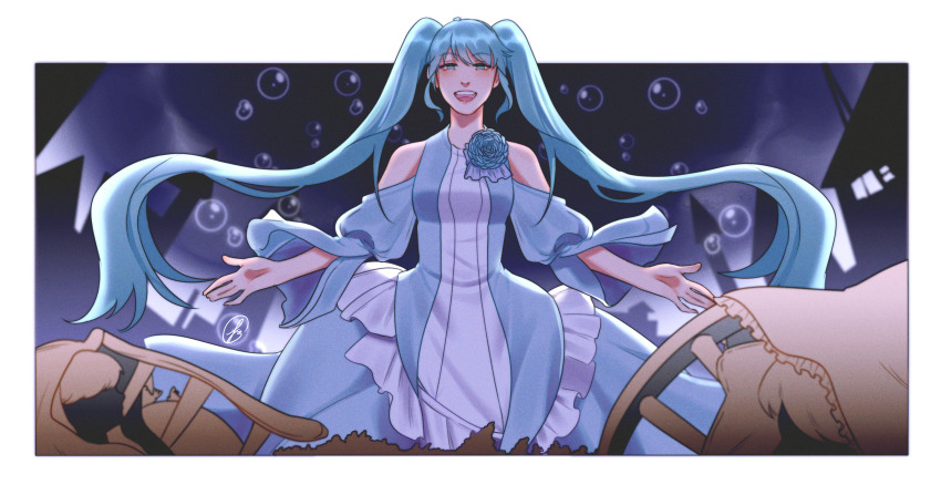 1girl absurdres aqua_eyes aqua_flower aqua_rose bare_shoulders bubble building clothing_cutout cloud cloudy_sky dress dress_flower evil_smile evillious_nendaiki false_smile fisheye floating_hair flower frilled_dress frills half-closed_eyes hatsune_miku highres light_blue_dress lilithappiness long_hair margarita_blankenheim nemurase_hime_kara_no_okurimono_(vocaloid) open_mouth puffy_sleeves rose shoulder_cutout sidelocks silhouette sky smile solo solo_focus twintails very_long_hair vocaloid wide_sleeves