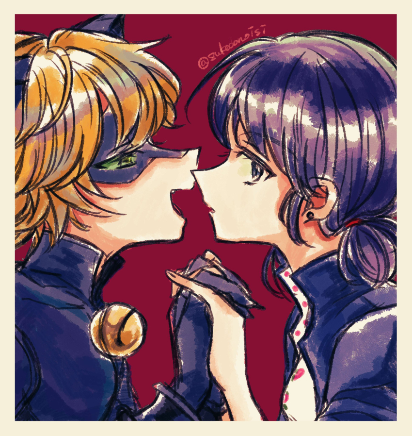 1boy 1girl adrien_agreste amasoooooo animal_ears bell black_bodysuit black_jacket blazer blonde_hair blue_eyes blue_hair bodysuit cat_boy cat_ears chat_noir earrings green_eyes highres holding_hands jacket jewelry jingle_bell marinette_dupain-cheng miraculous_ladybug open_mouth red_background short_twintails smile twintails upper_body