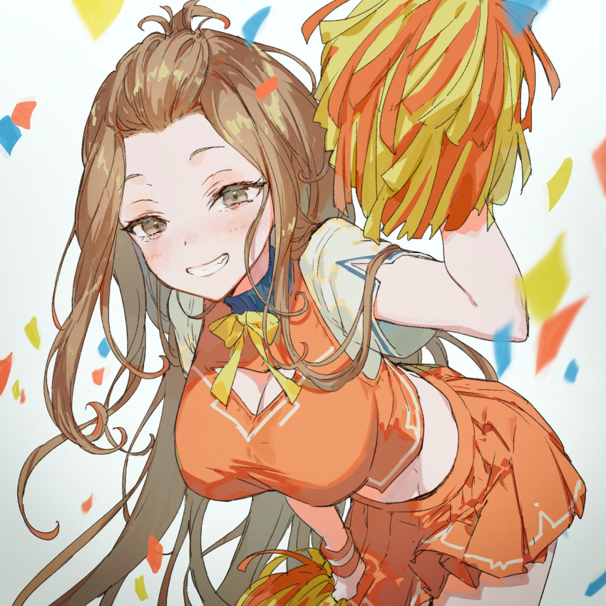 1girl blush breasts brown_eyes brown_hair cheerleader cleavage_cutout clothing_cutout commission confetti crop_top hand_up highres holding holding_pom_poms large_breasts leaning_forward long_hair looking_at_viewer midriff orange_shirt orange_skirt original pom_pom_(cheerleading) pom_poms shirt short_sleeves skeb_commission skirt smile smirk solo yutsumoe
