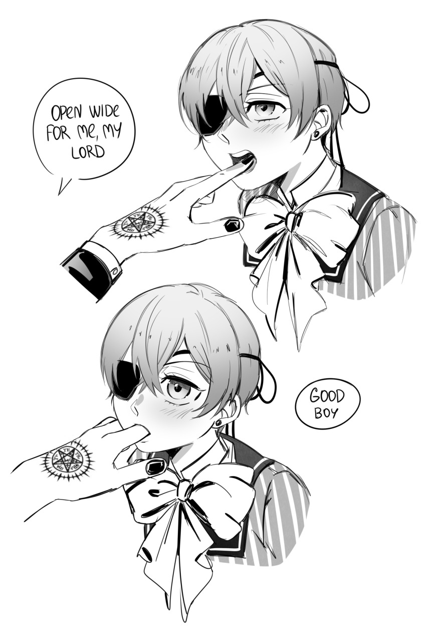 2boys age_difference bishounen blush bow butler ciel_phantomhive earrings eyepatch hair_between_eyes highres jewelry kuroshitsuji male_focus multiple_boys no_gloves onii-shota ouji_fashion sebastian_michaelis shirt short_hair uneasywolf victorian white_background yaoi