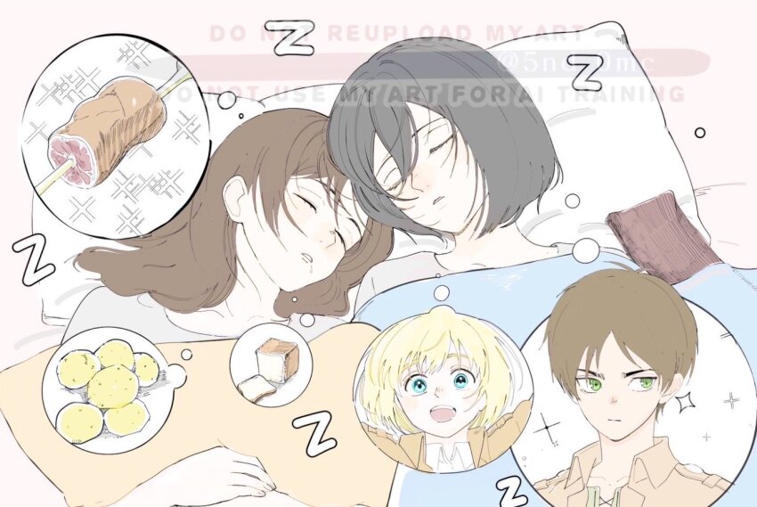2boys 2girls 5nd_0mc armin_arlert black_hair blonde_hair blue_eyes boned_meat bread bread_slice brown_hair brown_jacket closed_eyes drooling eren_yeager facial_scar food green_eyes grey_shirt hair_between_eyes image_in_thought_bubble jacket loaf_of_bread long_hair meat mikasa_ackerman mouth_drool multiple_boys multiple_girls parted_lips pillow potato sasha_blouse scar scar_on_cheek scar_on_face shingeki_no_kyojin shirt short_hair sleeping sparkle under_covers upper_body