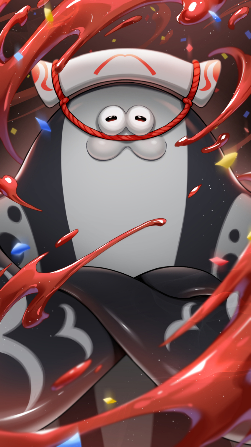 1boy :3 big_man_(splatoon) black_background closed_mouth commentary commentary_request confetti crossed_arms english_commentary gradient_background highres hokkamuri horizontal_pupils iria_(yumeirokingyo) light_particles looking_at_viewer male_focus manta_ray mixed-language_commentary nintendo no_humans paint rectangular_pupils smile solo splatoon_(series) splatoon_3