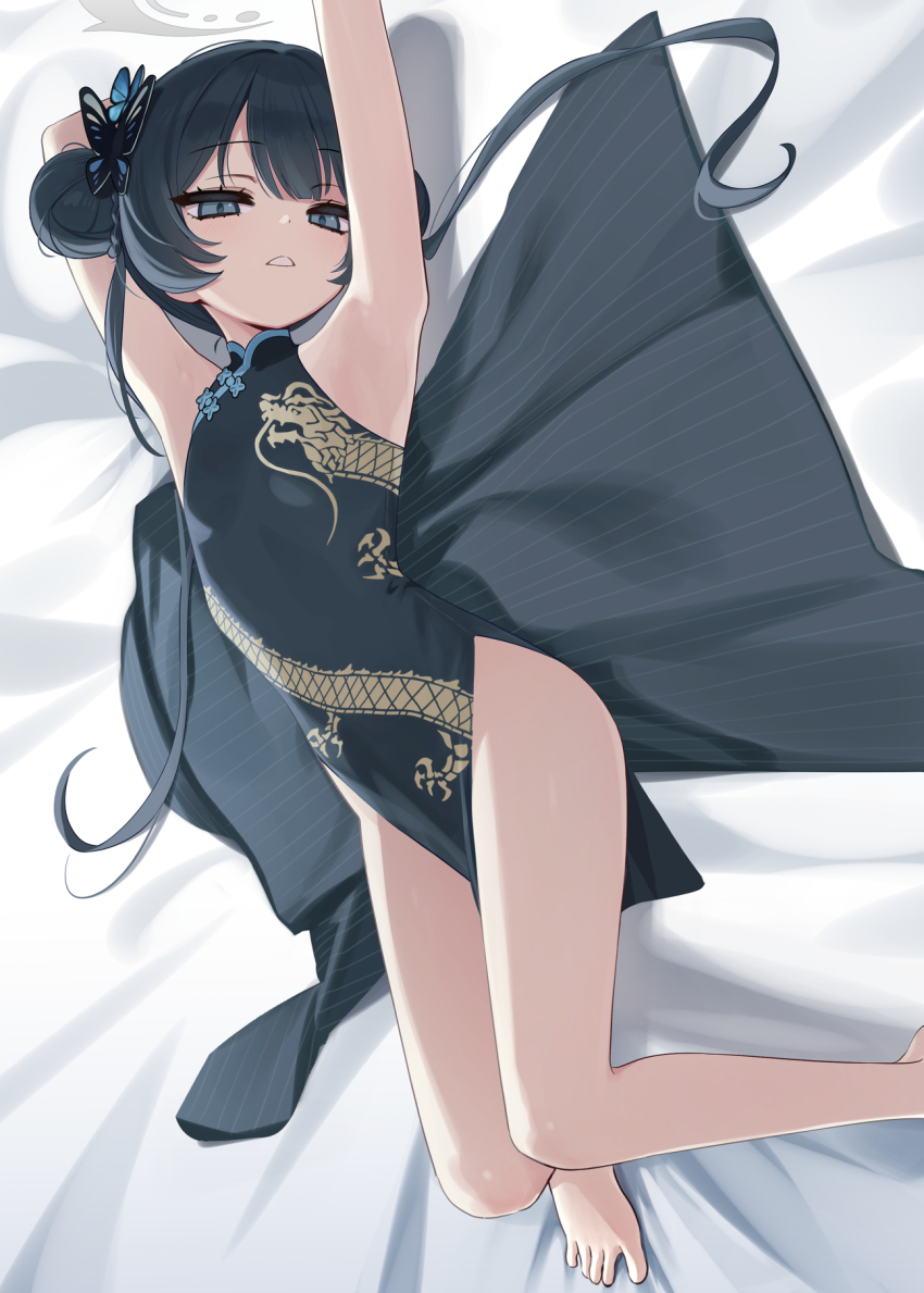 1girl black_dress black_hair blue_archive butterfly_hair_ornament china_dress chinese_clothes deadnooodles double_bun dragon_print dress grey_eyes hair_bun hair_ornament halo highres kisaki_(blue_archive) long_hair looking_at_viewer lying on_bed sleeveless sleeveless_dress solo twintails
