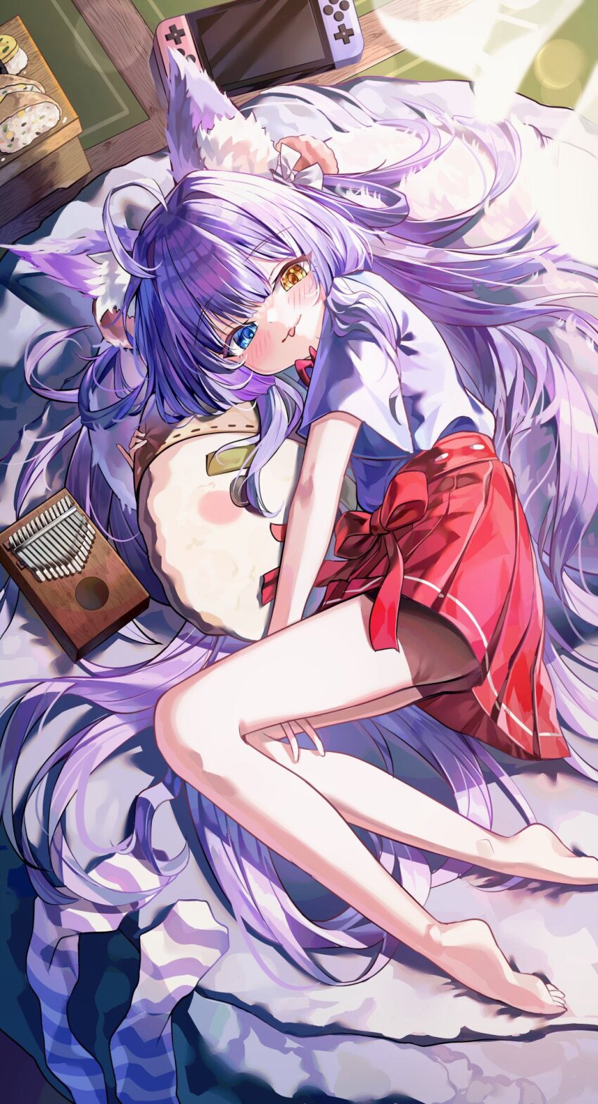 1girl ahoge animal_ear_fluff animal_ears barefoot bike_shorts blue_eyes fox_ears fox_girl hair_ornament hair_rings handheld_game_console heterochromia highres kalimba long_hair looking_at_viewer nintendo_switch no_tail pom_pom_(clothes) pom_pom_hair_ornament purple_hair stellive tenko_shibuki tongue tongue_out very_long_hair virtual_youtuber yellow_eyes
