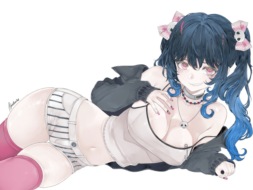 1girl amemiya_darumi apolonia-07 bare_shoulders blue_hair blush breasts duplicate fingernails hair_ornament highres hood hoodie ibispaint_(medium) jewelry large_breasts long_hair looking_at_viewer multicolored_hair pink_eyes self-upload simple_background the_hundred_line_-last_defense_academy- thighhighs twintails