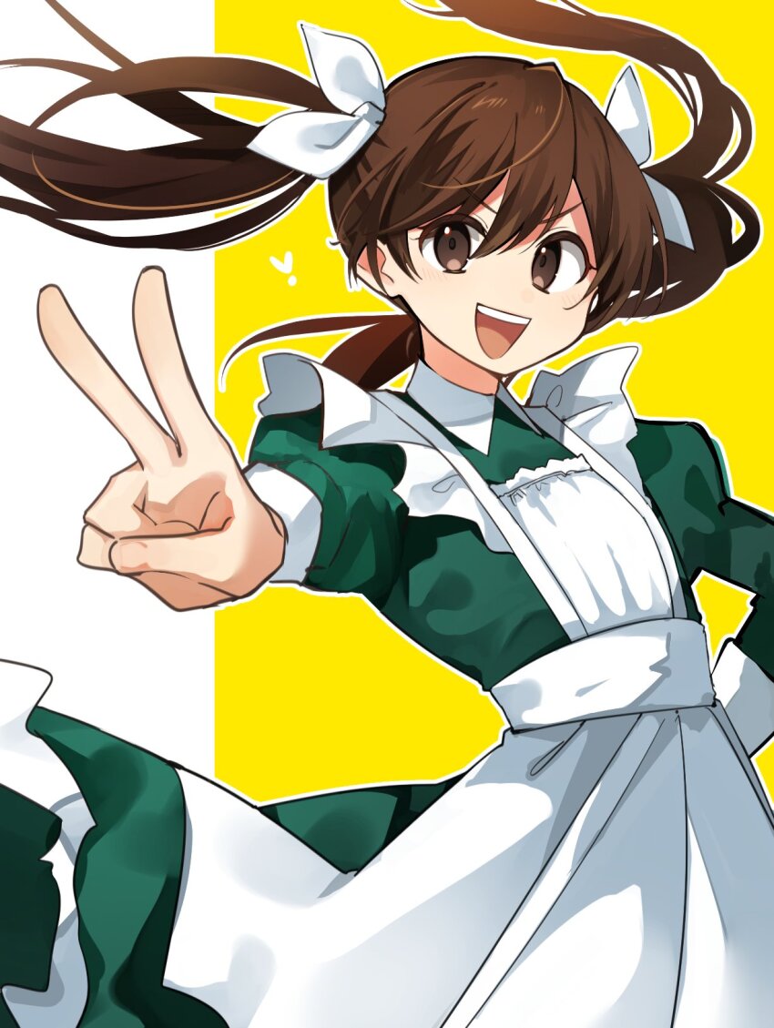 alternate_costume apron brown_eyes brown_hair dress enmaided foreshortening frilled_apron frills green_dress hair_ribbon highres kantai_collection long_hair maid open_mouth ribbon smile teeth tone_(kancolle) tsumikitsuki_(katsuobushi) two-tone_background upper_teeth_only v white_apron white_background yellow_background