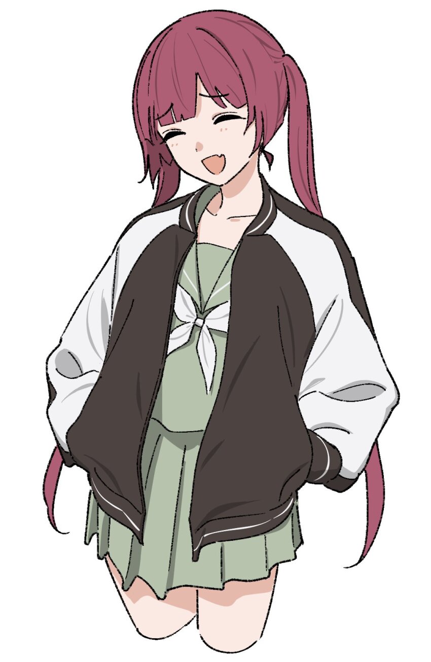 1girl ahoge alternate_costume alternate_hairstyle bocchi_the_rock! fang green_sailor_collar hands_in_pockets highres hiroi_kikuri jacket kashiwa_(iersansi) multicolored_jacket purple_hair sailor_collar simple_background skin_fang solo twintails two-tone_jacket white_background