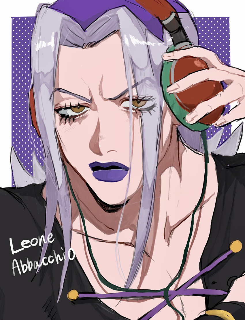 1boy black_shirt character_name eyelashes grey_hair halftone halftone_background hand_on_headphones headphones highres jewelry jojo_no_kimyou_na_bouken leone_abbacchio lipstick long_hair looking_at_viewer makeup male_focus matubaru_chan pectoral_cleavage pectorals portrait purple_background purple_lips purple_theme shirt solo squinting vento_aureo
