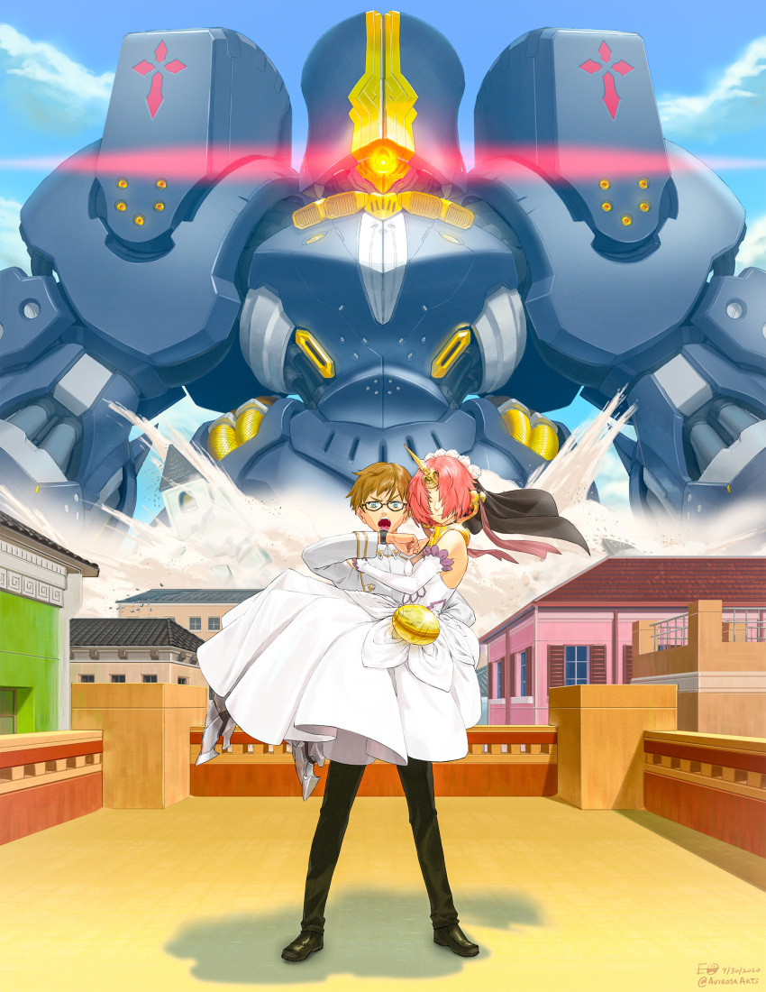 1girl absurdres armored_boots boots bridal_gauntlets bridal_veil building carrying caules_forvedge_yggdmillennia charles_babbage_(fate) dress fate/apocrypha fate/grand_order fate_(series) frankenstein&#039;s_monster_(fate) highres horns mecha pink_hair princess_carry robot serious short_hair veil wedding_dress