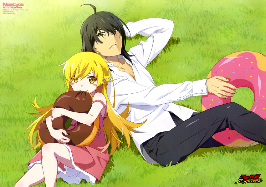 1boy 1girl absurdres ahoge araragi_koyomi artist_name bare_arms bare_shoulders black_hair black_pants blonde_hair blush_stickers copyright_name copyright_notice donut-shaped_pillow dress dress_shirt from_above grass grey_eyes hand_on_own_head highres layered_dress long_hair long_sleeves looking_at_viewer looking_up medium_hair monogatari_(series) newtype official_art on_grass on_ground oshino_shinobu pants pink_dress shirt sleeveless sleeveless_dress sundress watanabe_akio white_shirt yellow_eyes