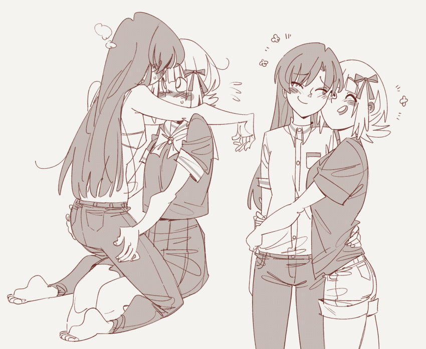 2girls amami_haruka arm_on_another&#039;s_shoulder blush closed_eyes collared_shirt dress_shirt ear_blush embarrassed flying_sweatdrops furrowed_brow gutalalaman hair_ribbon hand_on_another&#039;s_ass hand_on_another&#039;s_leg happy head_steam heads_together highres hug idolmaster idolmaster_(classic) kisaragi_chihaya long_hair looking_at_another multiple_girls multiple_views pants pleated_skirt ribbon shirt short_hair short_sleeves sitting skirt smile standing yuri
