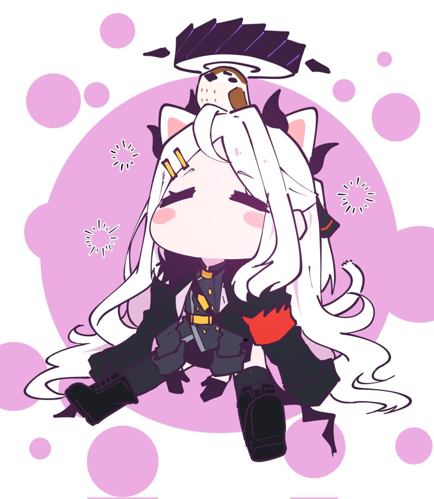 1girl animal_ears armband bird black_coat black_halo black_skirt black_thighhighs blue_archive blush cat_ears chibi coat coat_on_shoulders commentary_request demon_girl demon_horns halo haluu0813 highres hina_(blue_archive) horns red_armband simple_background sitting skirt solo thighhighs