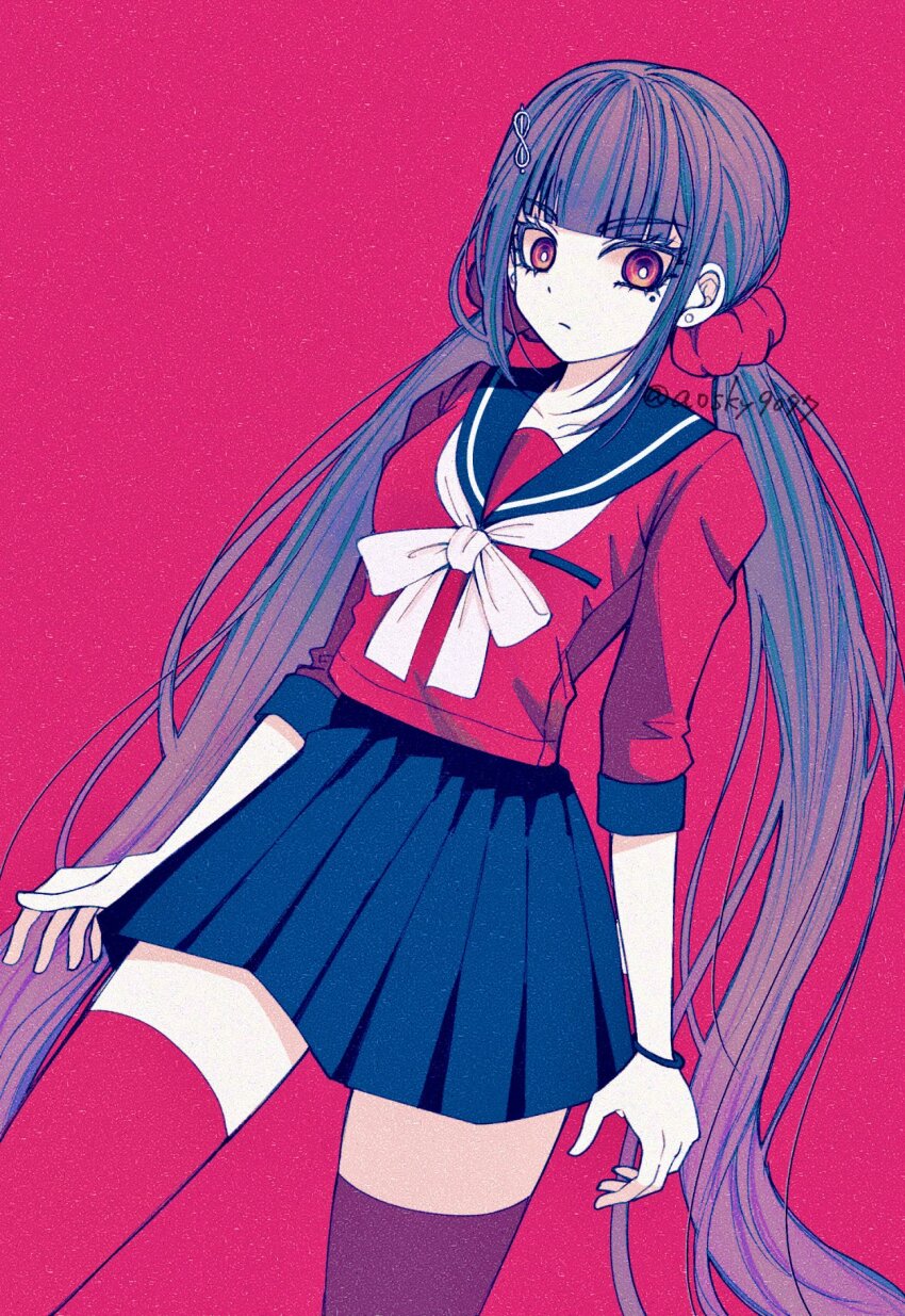 1girl black_hair blunt_bangs danganronpa_(series) danganronpa_v3:_killing_harmony hair_ornament hair_scrunchie harukawa_maki highres long_hair long_sleeves looking_at_viewer low_twintails miniskirt mole mole_under_eye pleated_skirt red_eyes red_scrunchie red_shirt red_thighhighs sailor_collar satori_(aosky9077) school_uniform scrunchie shirt skirt solo thighhighs twintails zettai_ryouiki