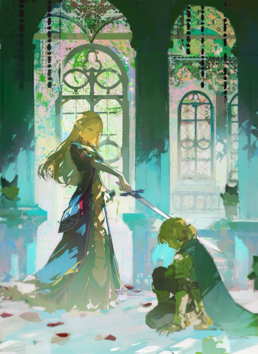 1boy 1girl absurdres armor blonde_hair blue_cape blue_dress brown_gloves cape dress earrings elbow_gloves fingerless_gloves gloves highres holding holding_sword holding_weapon jewelry knighting korok link long_hair nintendo on_one_knee pointy_ears ponytail princess princess_zelda short_hair short_ponytail sword the_legend_of_zelda the_legend_of_zelda:_breath_of_the_wild weapon white_gloves zzz_(orchid-dale)
