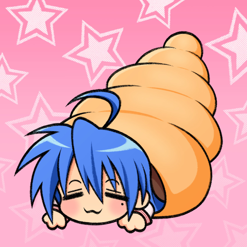 1girl :3 ahoge blue_hair blush chibi chocolate_cornet closed_eyes commentary cryptidhermit english_commentary food gradient_background hair_between_eyes highres izumi_konata long_hair long_sleeves lucky_star mole mole_under_eye no_nose pink_background solo star_(symbol) very_long_hair