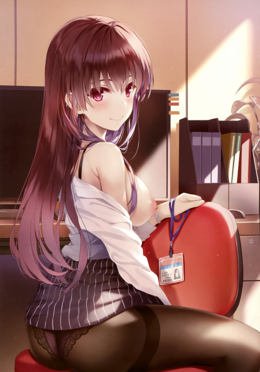 1girl absurdres ass breasts brown_hair chair closed_mouth comic_aun from_side highres id_card indoors large_breasts lips long_hair looking_at_viewer medium_breasts misaki_kurehito nipples off_shoulder office panties panties_under_pantyhose pantyhose purple_eyes scan shadow shirt sideboob simple_background sitting skirt smile striped underwear vertical_stripes white_shirt