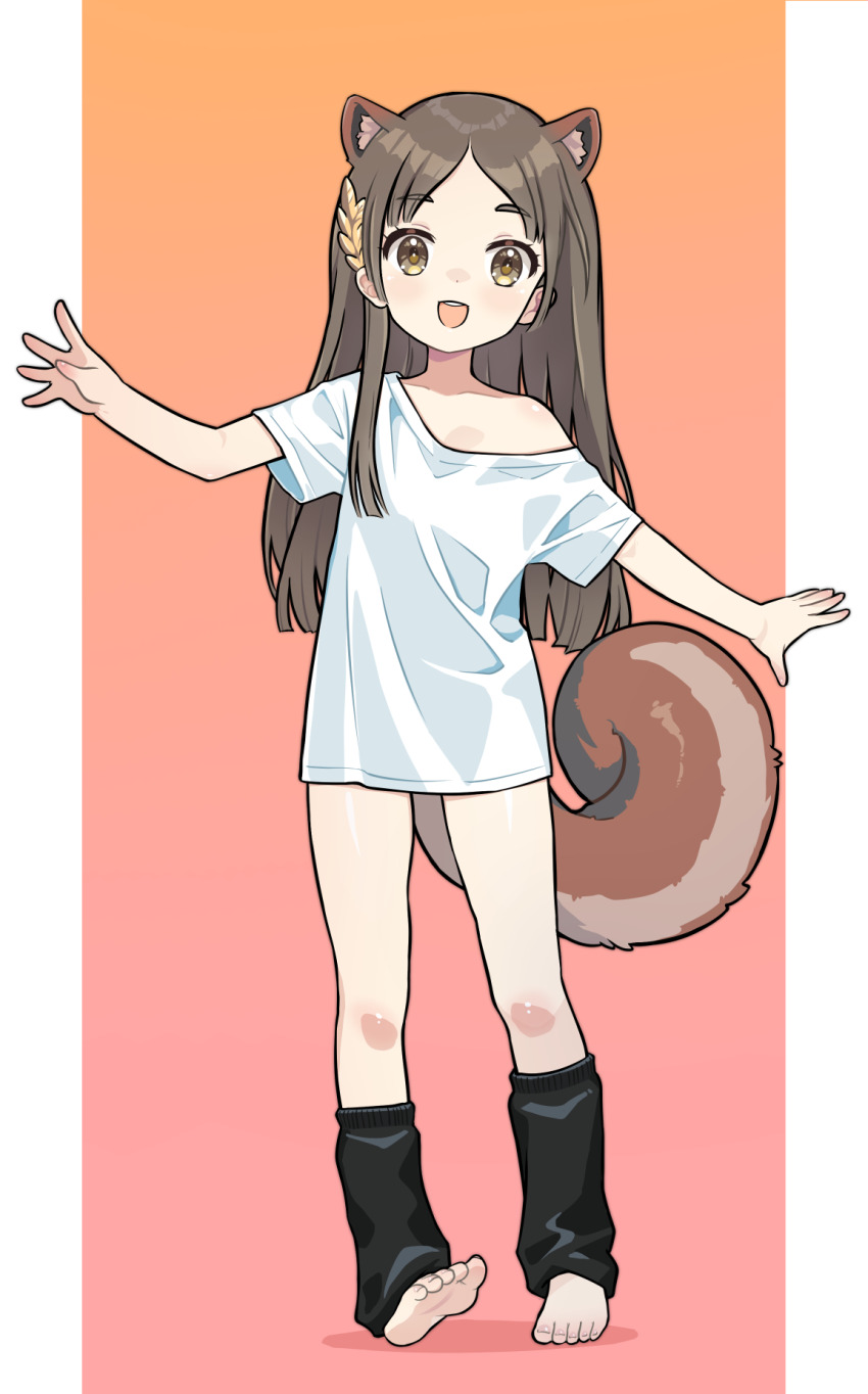 1girl animal_ears barefoot brown_eyes brown_hair collarbone commentary full_body gakuen_idolmaster highres idolmaster kemonomimi_mode kuramoto_china leg_warmers long_hair looking_at_viewer mwm5 open_mouth pillarboxed shirt short_sleeves solo squirrel_ears squirrel_girl squirrel_tail standing tail white_shirt