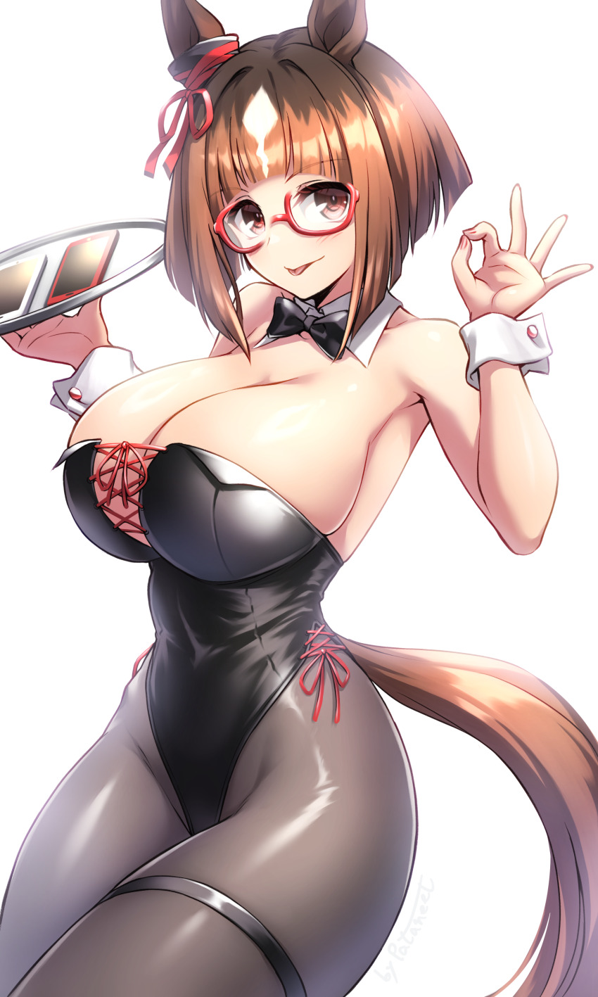 1girl absurdres animal_ears armpits bare_shoulders black_bow black_bowtie black_leotard bow bowtie breasts brown_eyes cleavage commentary_request cowboy_shot detached_collar ear_ornament highleg highleg_leotard highres holding holding_tray horse_ears horse_girl horse_tail huge_breasts leotard multicolored_hair nontraditional_playboy_bunny ok_sign pantyhose partial_commentary pataneet red-framed_eyewear red_eyes semi-rimless_eyewear short_hair simple_background smile solo strapless strapless_leotard streaked_hair tail thigh_strap tongue tongue_out transcend_(umamusume) tray umamusume under-rim_eyewear white_background white_hair wrist_cuffs