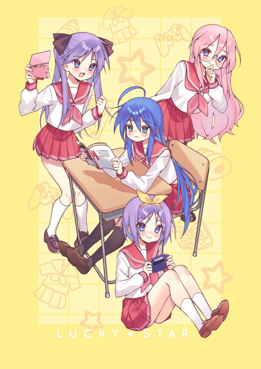 4girls absurdly_long_hair blue_hair blush controller desk game_boy_advance game_controller green_eyes group_picture handheld_game_console haruhi highres hiiragi_kagami hiiragi_tsukasa izumi_konata long_hair lucky_star manga_(object) matching_hair/eyes miniskirt mole mole_under_eye multiple_girls nintendo_ds outstretched_legs pink_hair pleated_skirt purple_eyes purple_hair red_skirt sailor school_desk school_uniform serafuku shirt short_hair simple_background sitting skirt standing star_(symbol) suzumiya suzumiya_haruhi_no_yuuutsu takara_miyuki very_long_hair watashishi white_shirt yellow_background