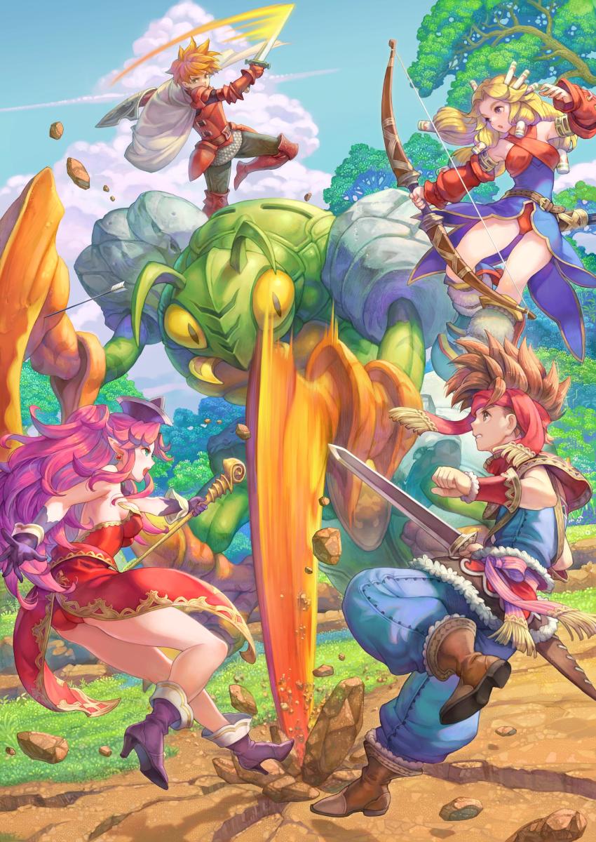 2boys 2girls absurdres angela_(seiken_densetsu_3) armor blonde_hair bow_(weapon) brown_footwear brown_hair day detached_sleeves dodging earrings fighting gloves grin haccan hair_tubes hat headband high_heels highres holding holding_bow_(weapon) holding_sword holding_wand holding_weapon imu_(lom) jewelry legend_of_mana long_hair monster multiple_boys multiple_girls non-web_source official_art open_mouth orange_hair outdoors pointy_ears purple_footwear purple_hair randi_(seiken_densetsu_2) seiken_densetsu seiken_densetsu_2 seiken_densetsu_3 short_hair smile sword wand weapon