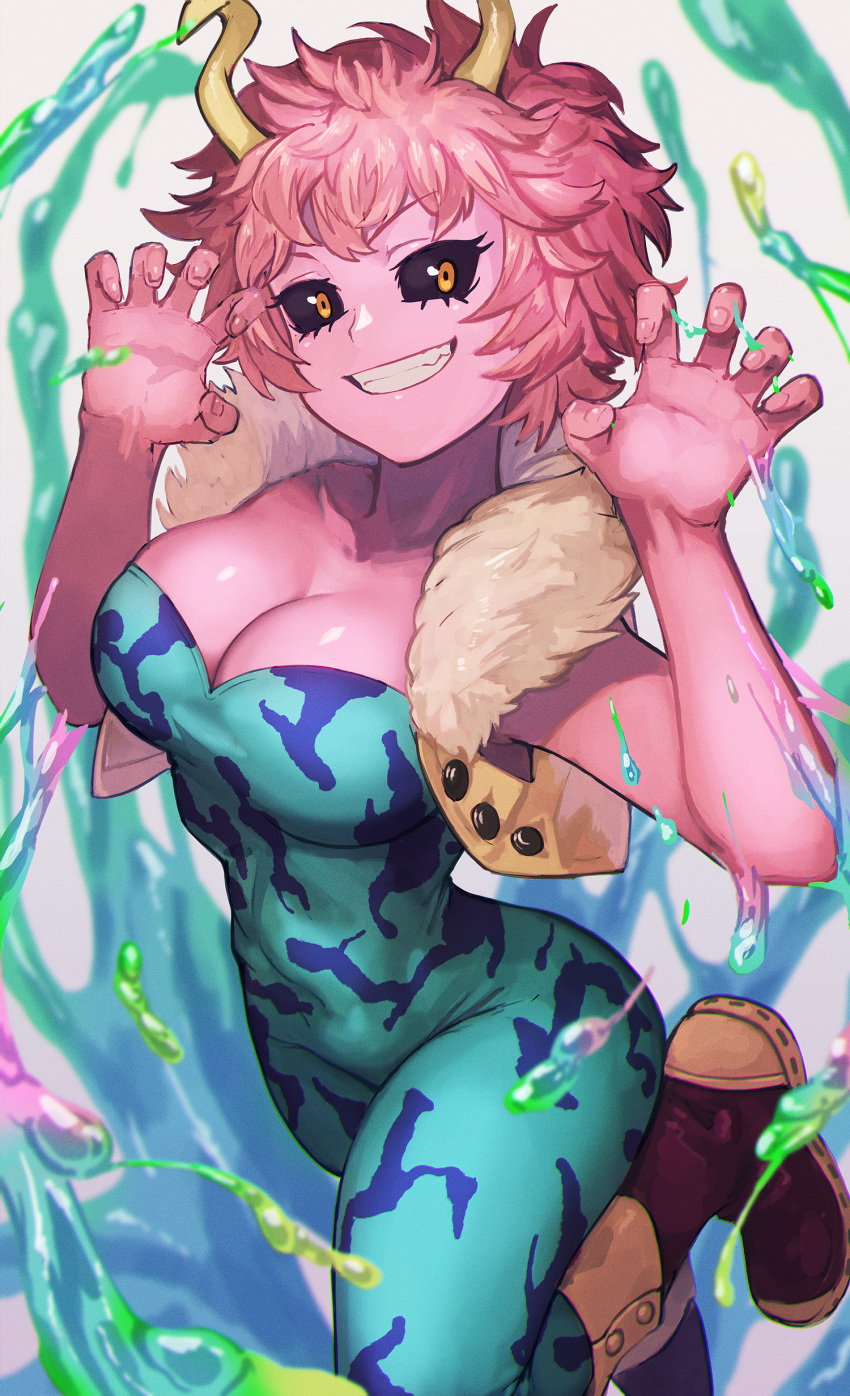 1girl absurdres acid ashido_mina boku_no_hero_academia breasts cleavage collarbone colored_skin highres horns large_breasts lc_butter looking_at_viewer pink_hair pink_skin shiny_skin short_hair smile solo teeth