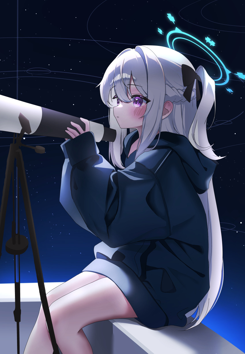 1girl absurdres black_jacket black_ribbon blue_archive blue_halo commentary drawing_flover hair_ribbon halo highres hood hooded_jacket jacket long_hair long_sleeves miyako_(blue_archive) ribbon sitting thighs white_hair
