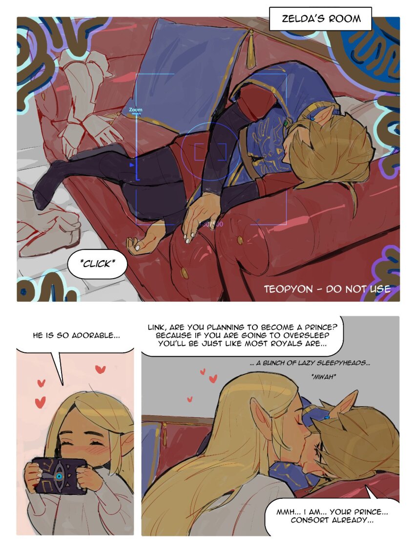 1boy 1girl artist_name black_pants blonde_hair blush boots border closed_eyes couch couple earrings english_text full_body gloves gold_trim hetero highres jewelry kiss kissing_cheek link long_hair lying medium_hair military_uniform nintendo official_alternate_costume on_side pants parted_bangs pillow pointy_ears princess_zelda pyonteo red_shorts royal_guard_set_(zelda) shirt shorts sidelocks sleeping smile the_legend_of_zelda the_legend_of_zelda:_breath_of_the_wild the_legend_of_zelda:_tears_of_the_kingdom unworn_boots unworn_gloves upper_body white_border white_shirt