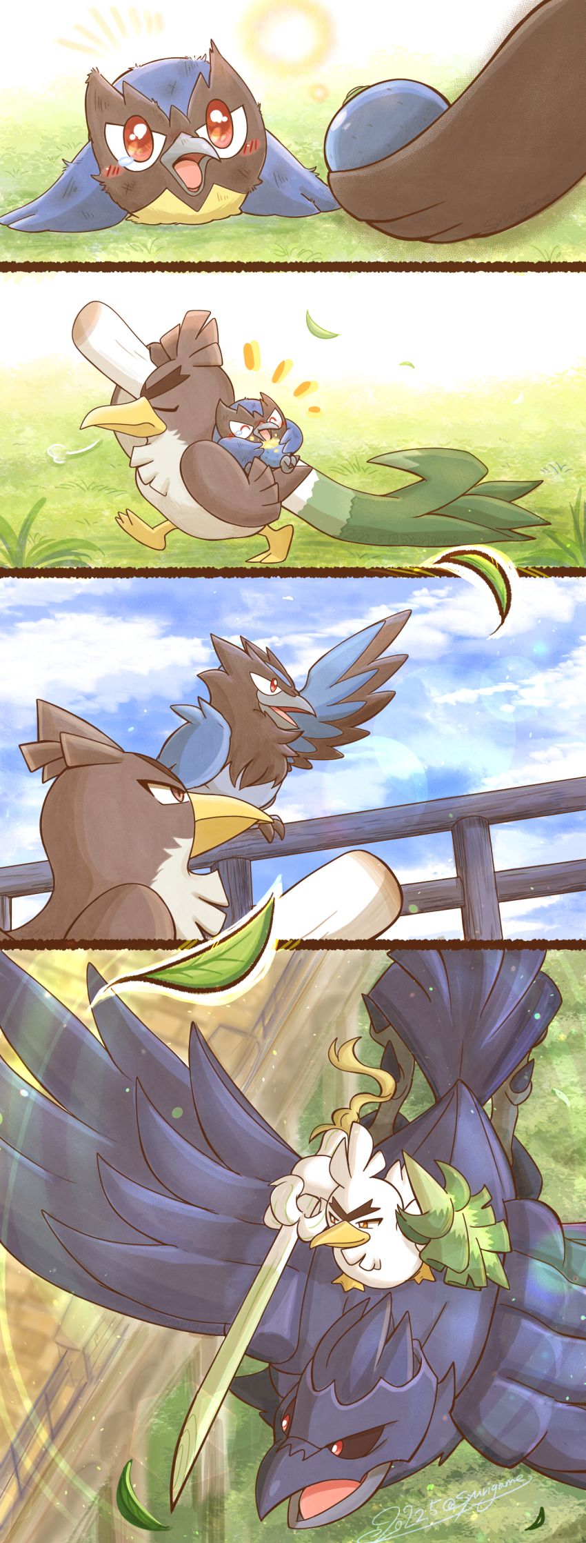 absurdres berry_(pokemon) bird blue_sky blush_stickers brown_eyes corviknight corvisquire duck eating fence food from_side galarian_farfetch&#039;d galarian_form gen_8_pokemon helping highres holding holding_food holding_vegetable leaf lens_flare looking_ahead nintendo no_humans on_grass open_mouth oran_berry pokemon red_eyes riding rookidee shuri_(syurigame) sirfetch&#039;d sky spring_onion tears thick_eyebrows v-shaped_eyebrows vegetable wooden_fence