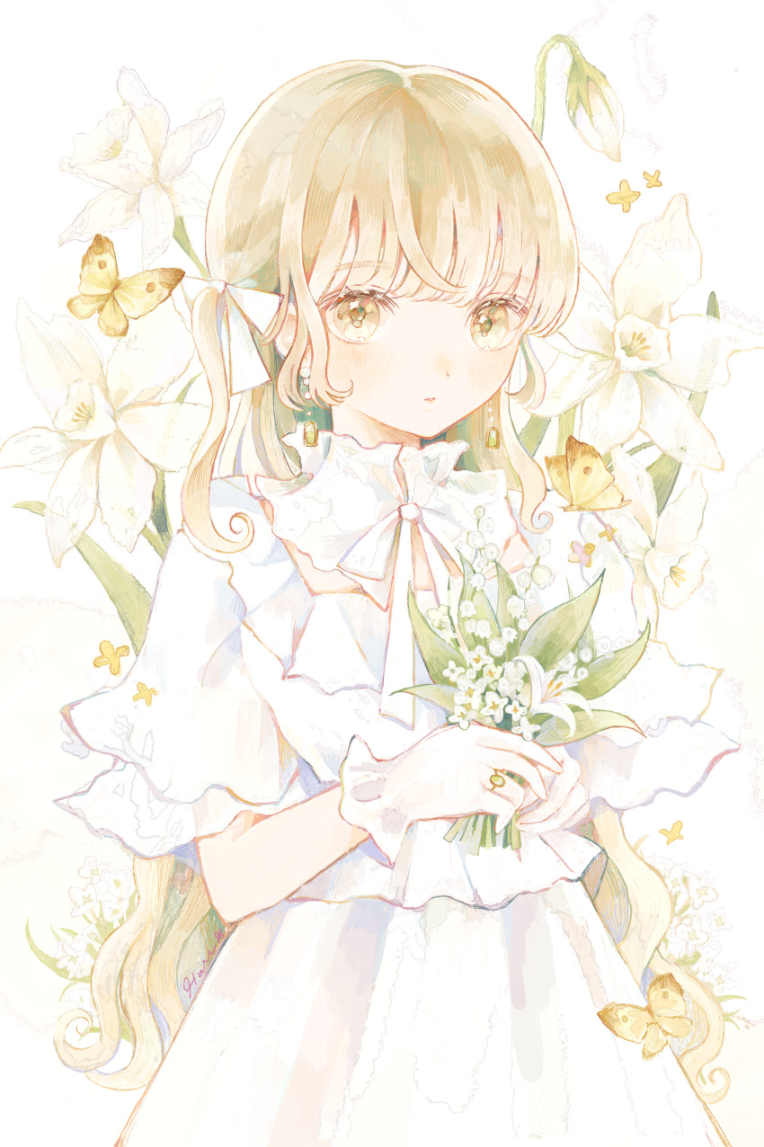 1girl absurdres blonde_hair blunt_bangs bouquet bow bud bug butterfly closed_mouth cowboy_shot curly_hair dress earrings expressionless flower gloves hair_bow hau_(hausan97) highres holding holding_bouquet insect jewelry long_hair looking_at_viewer original ring short_sleeves solo white_background white_bow white_dress white_flower white_gloves yellow_butterfly