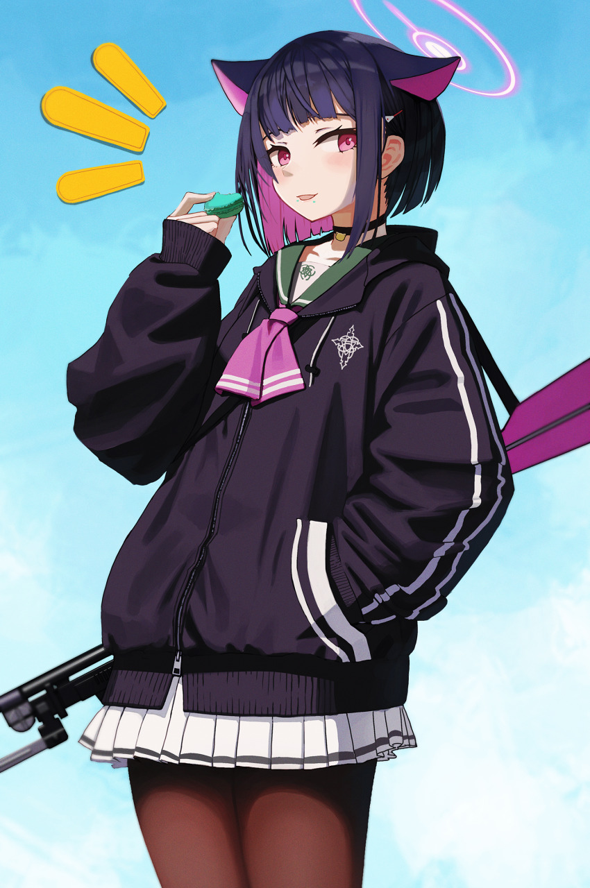 1girl animal_ears black_hair black_jacket black_pantyhose blue_archive blue_sky blunt_bangs blush bren_lmg cat_choker cat_ears colored_inner_hair commentary_request cowboy_shot food food_on_face green_sailor_collar gun gun_sling hair_ornament hairpin halo hand_in_pocket highres holding_macaron hood hood_down hooded_jacket jacket kazusa_(blue_archive) light_machine_gun looking_at_viewer machine_gun medium_hair multicolored_hair neckerchief open_mouth outdoors pantyhose pink_eyes pink_hair pink_halo pink_neckerchief pleated_skirt sailor_collar school_emblem sidelocks skirt sky sleeves_past_wrists solo standing weapon white_skirt yakupan